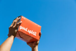 Good Spirit Kombucha box against a blue sky